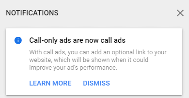 notification in Google Ads: call-only ads update to call ads