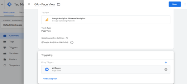 Google Analytics Page View Tag Screenshot from Google Tag Manager - Intigress