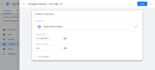 Google Tag Manager Screenshot of Google Analytics UA Code - Intigress