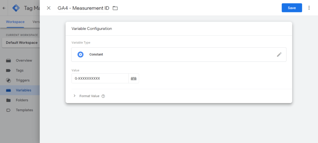 Google Tag Manager Screenshot of Google Analytics 4 Constant Variable