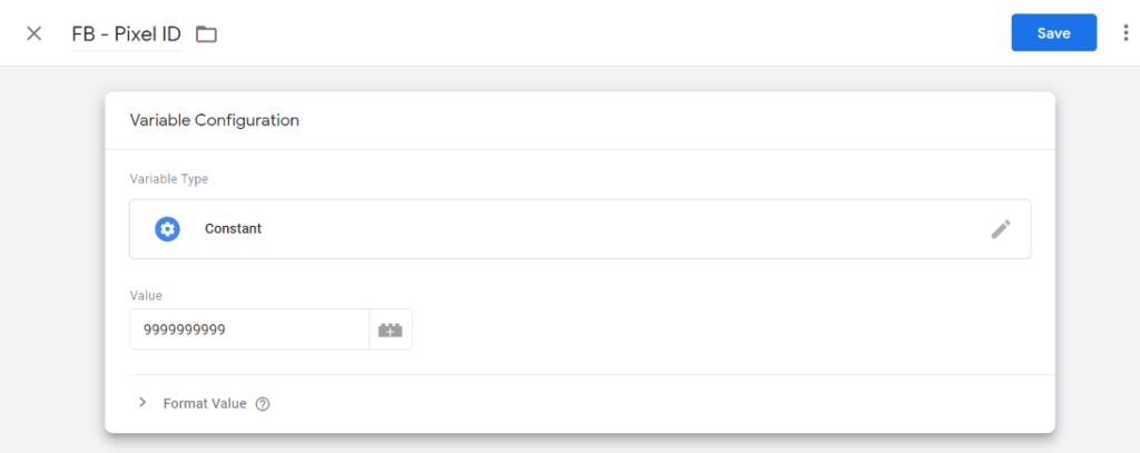 Screenshot of Facebook Pixel Constant Variable Configuration in Google Tag Manager