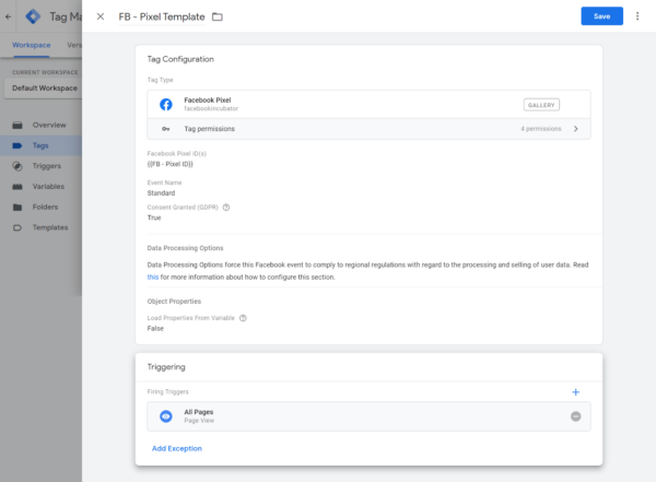 Screenshot of Google Tag Manager Facebook Pixel Implementation with Community Template