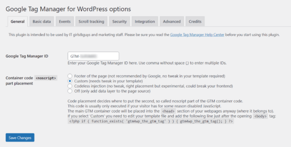 Screenshot of Google Tag Manager for WordPress Plugin Settings